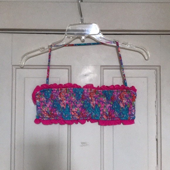 VICTORIA'S SECRET Pink Floral Ruffled Smocked bikini Top bandeau swimsuit M - Picture 6 of 13